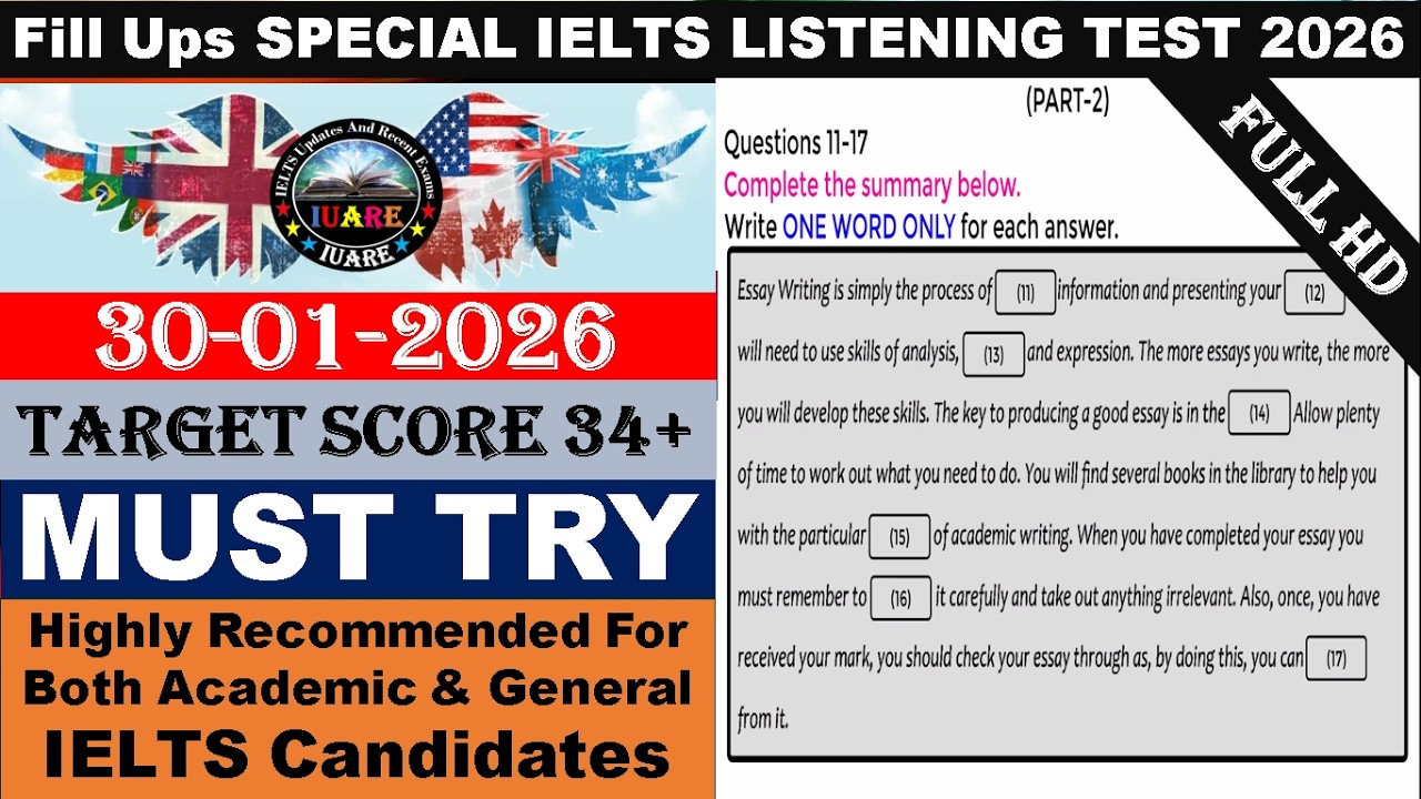 Fill Ups Special IELTS Exam Listening Test With Answers | IELTS Listening Test 2026 | 30-01-2026