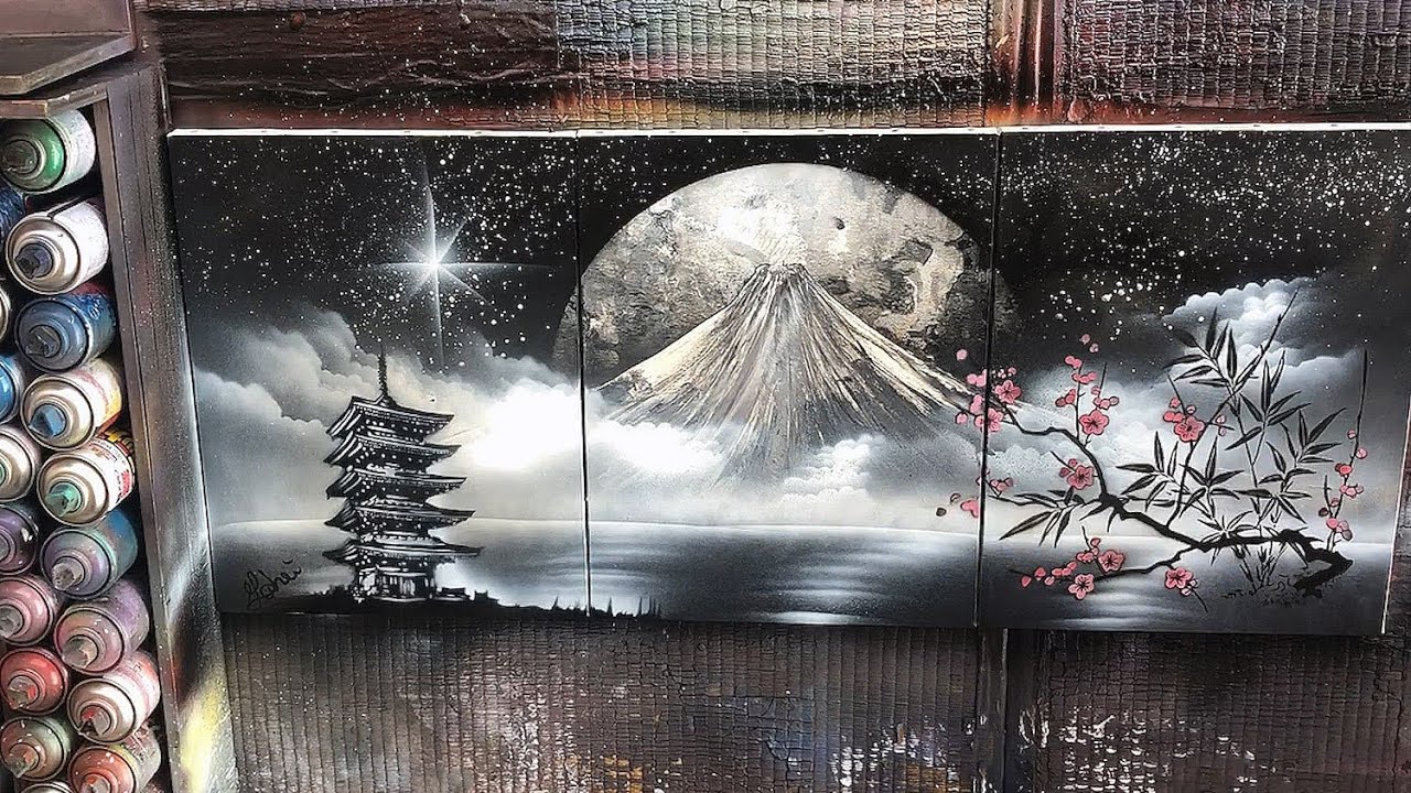 How to paint a PAGODA, the MOUNT FUJI and CHERRY BLOSSOM tree with spray paint