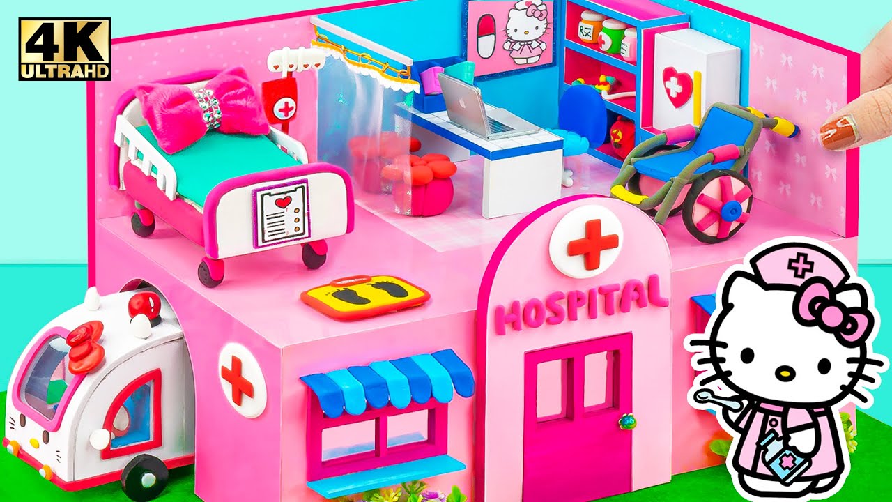 How To Make Pink Miniature Hello Kitty Hospital and DIY Doctor Set, Medical Kit from Clay, Cardboard