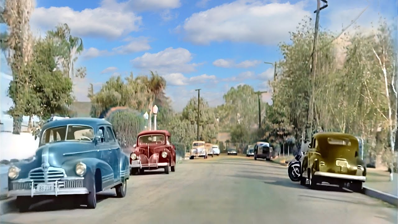 California 1940s in color, Residential area [60fps,Remastered] w/sound design added
