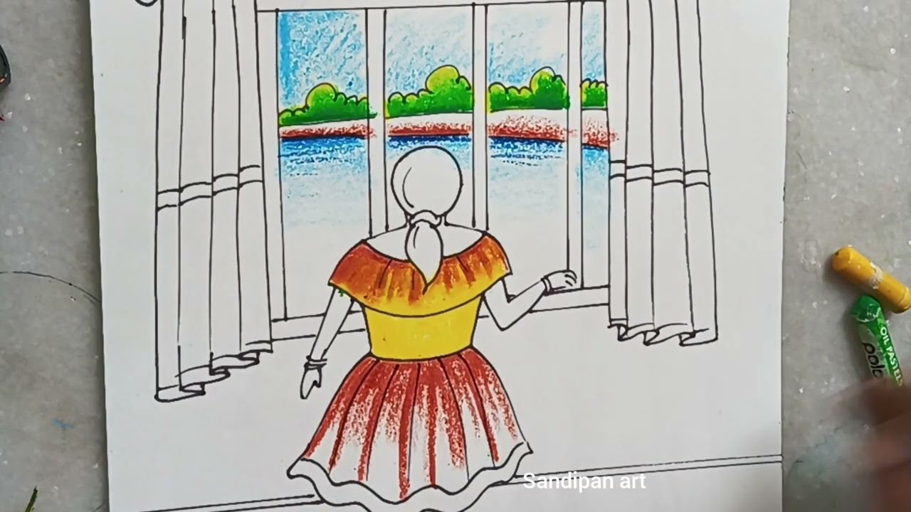 ঘরের ভিতরের দৃশ্য চিত্র অঙ্কন /how to draw Indore scenery with girl/ scenery drawing with girl