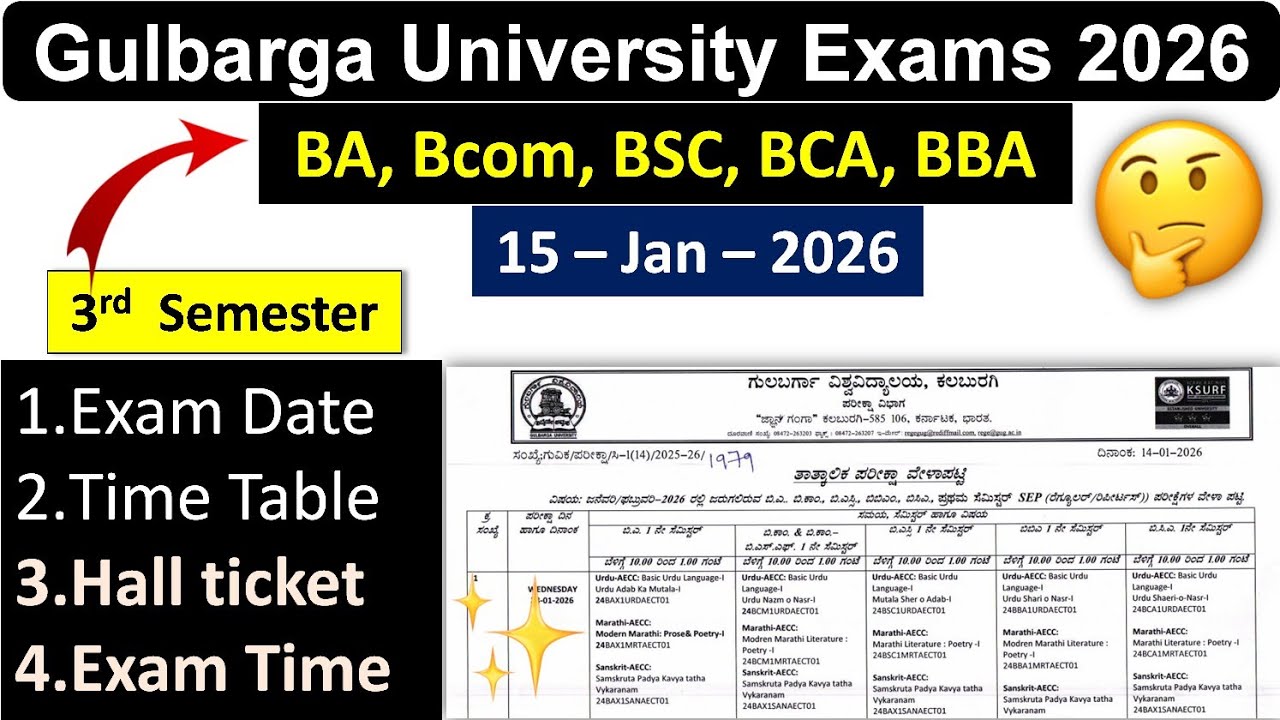 BCA BBA BSC BA Bcom Gulbarga University Exam Timetable Hall ticket 3rd semester January 2026 | Buy