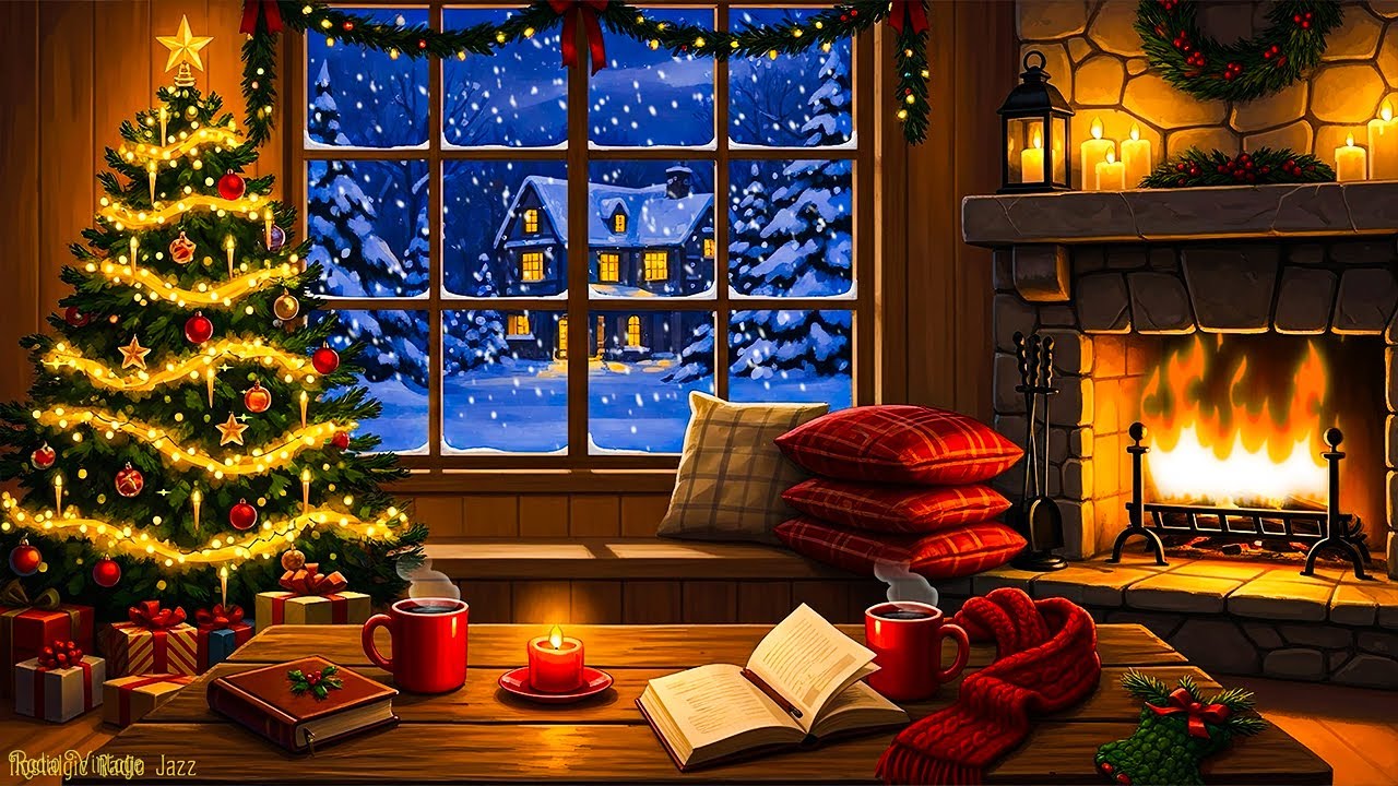 calm snowy 1940s night ambience | christmas vintage oldies playing in another room for unwind, sleep