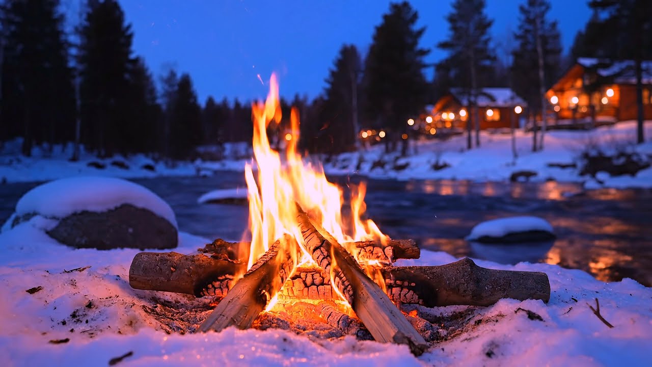 Crackling Campfire & Winter River Sound at Night for Relaxing and Deep Sleep | 4K