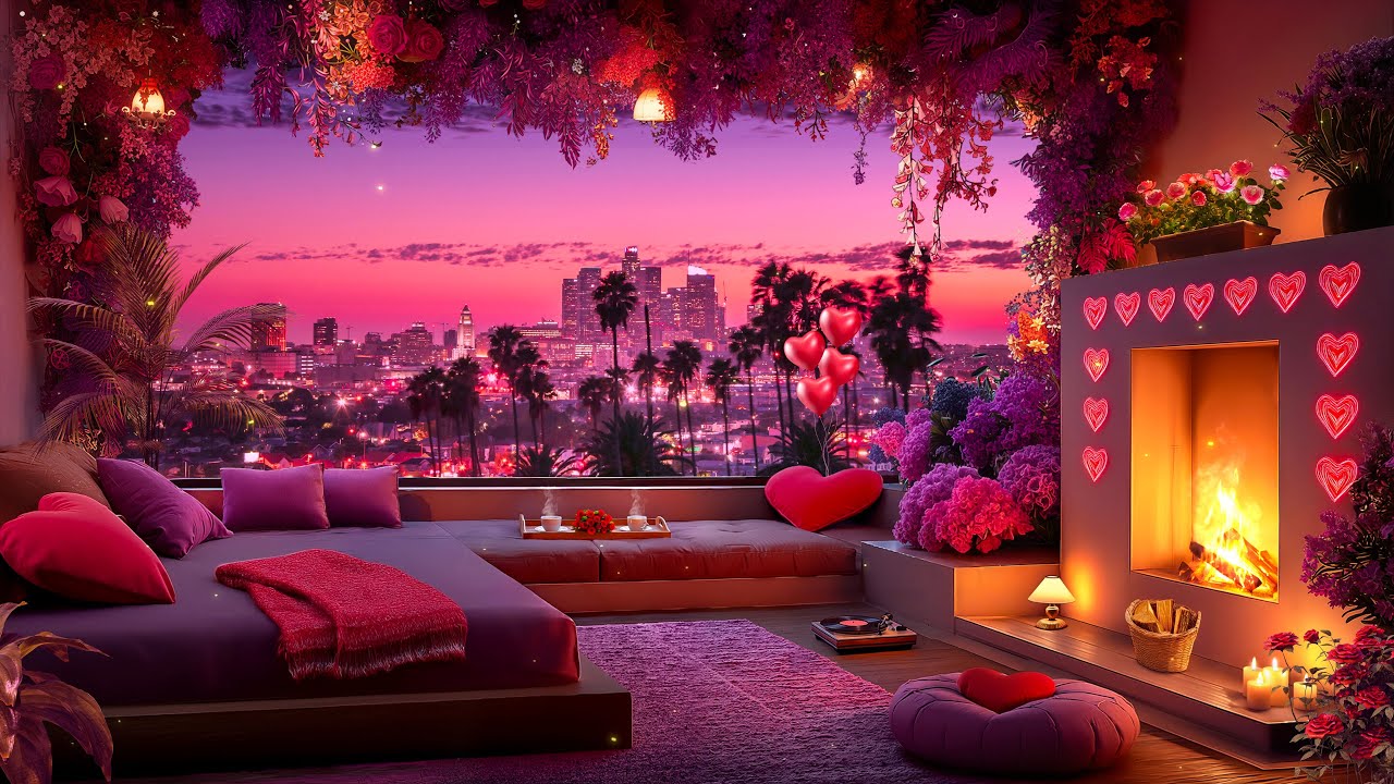 Romantic Valentine Jazz Lounge ❤️ Cozy Living Room, Fireplace & Sunset Skyline