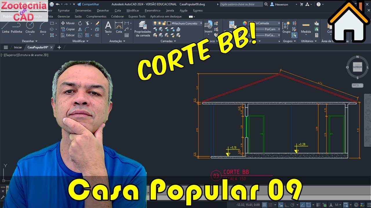 Casa Popular 09: Corte BB em AutoCAD