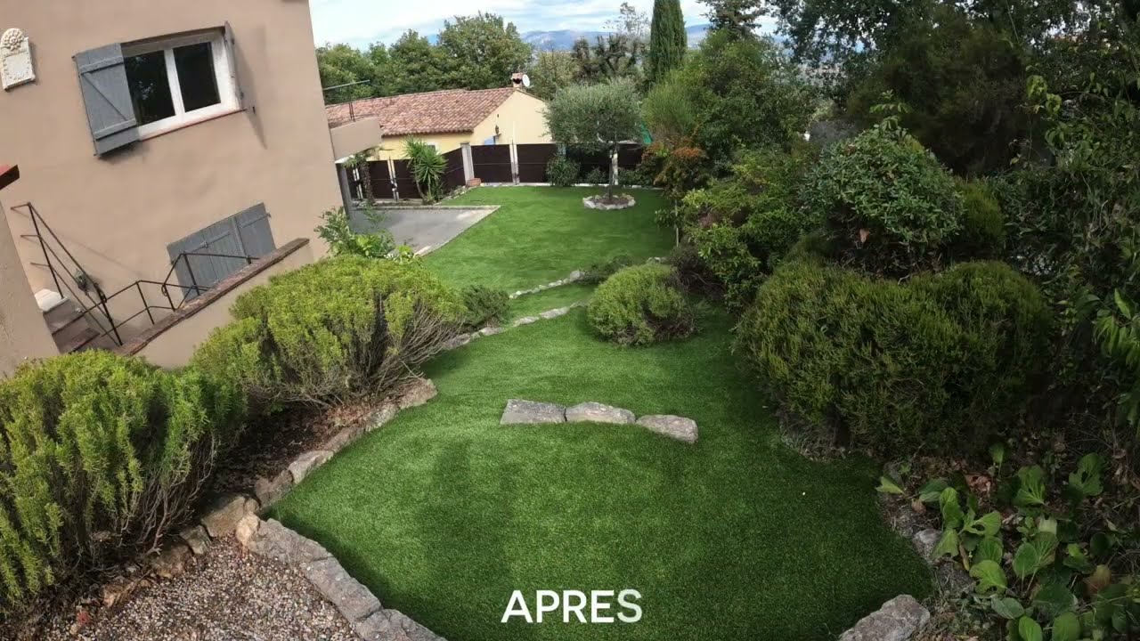 Mise en place de 170m&sup2; de gazon artificiel 40mm aux brins verts et jaunes &agrave; La Gaude pr&egrave;s de Nice