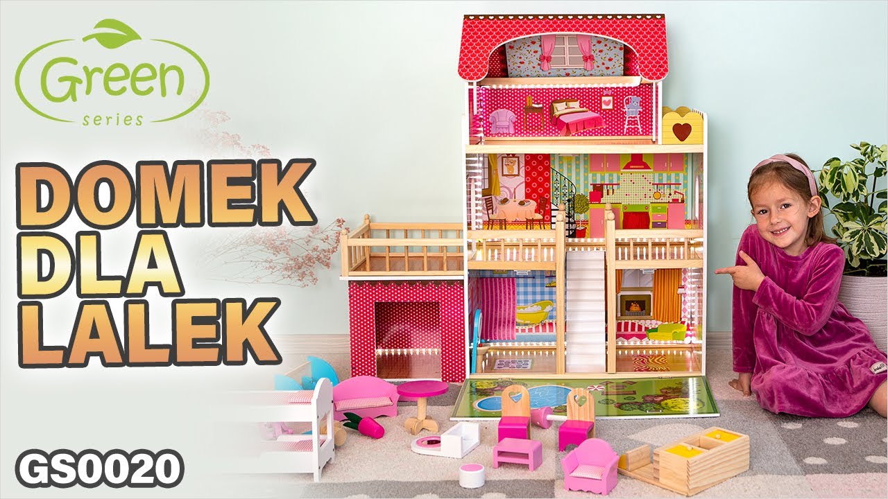 Domek dla lalek, drewniany, oświetlenie led, akcesoria - GS0020 Kinderplay Green Series