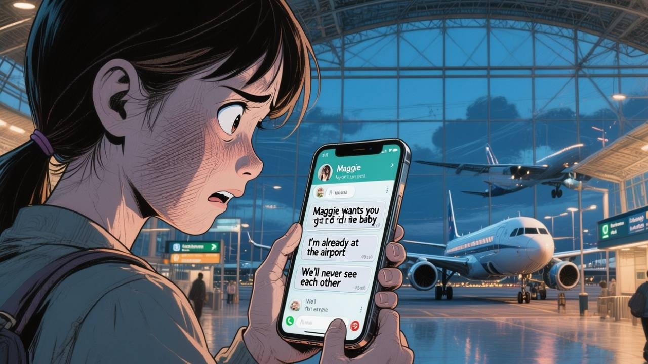 Maggie wants you to get rid of the baby  I'm already at the airport  We'll never see each other