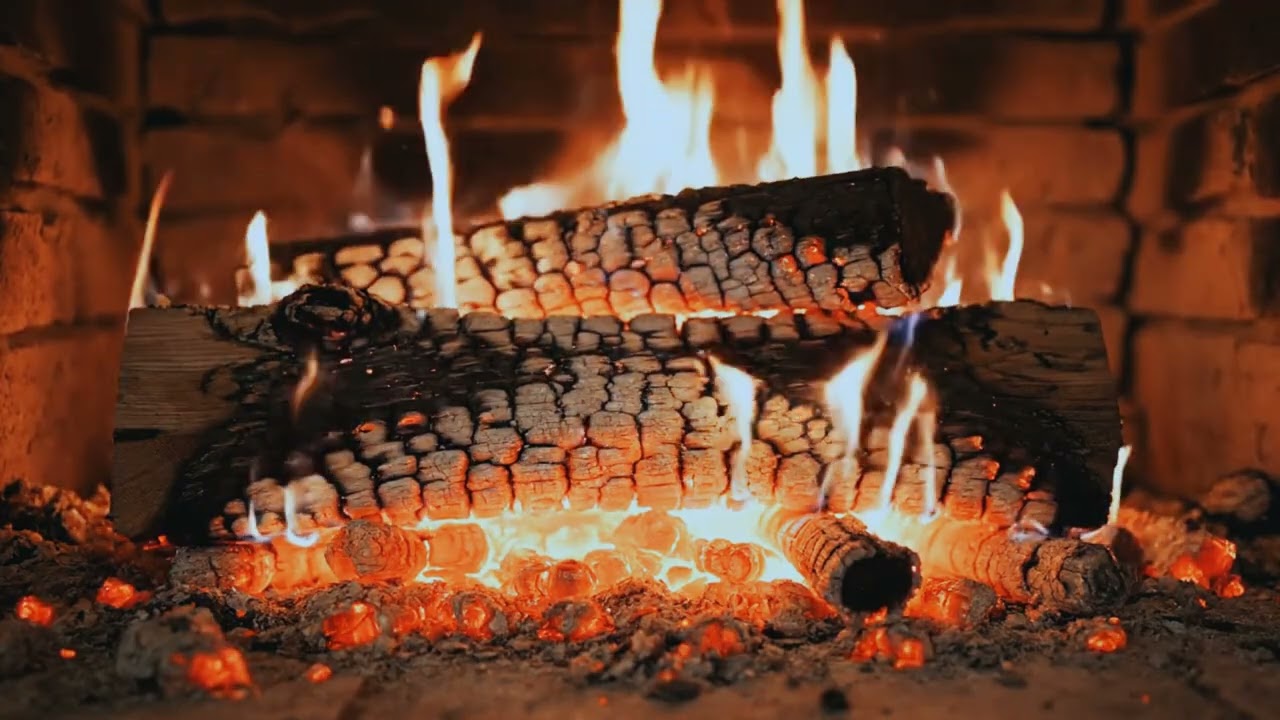 Fireplace crackling with solo piano