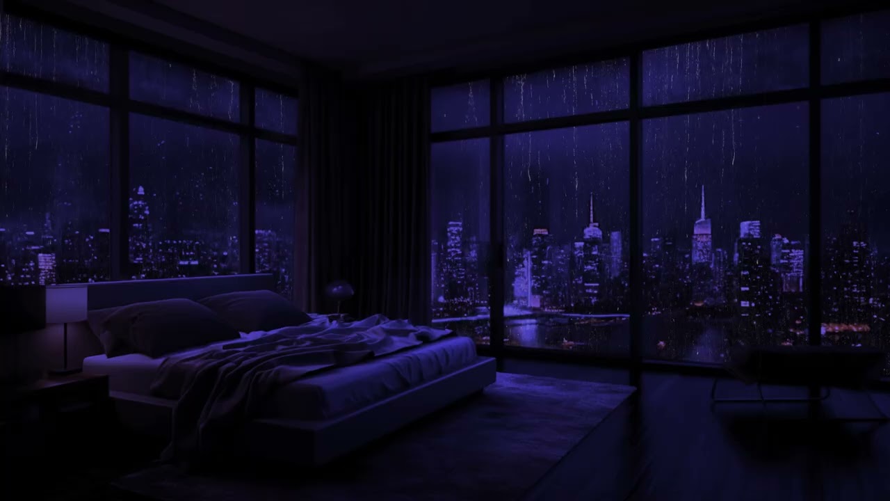 ASMR de lluvia las 24 horas: un dormitorio acogedor con vistas a la ciudad para una relajación total