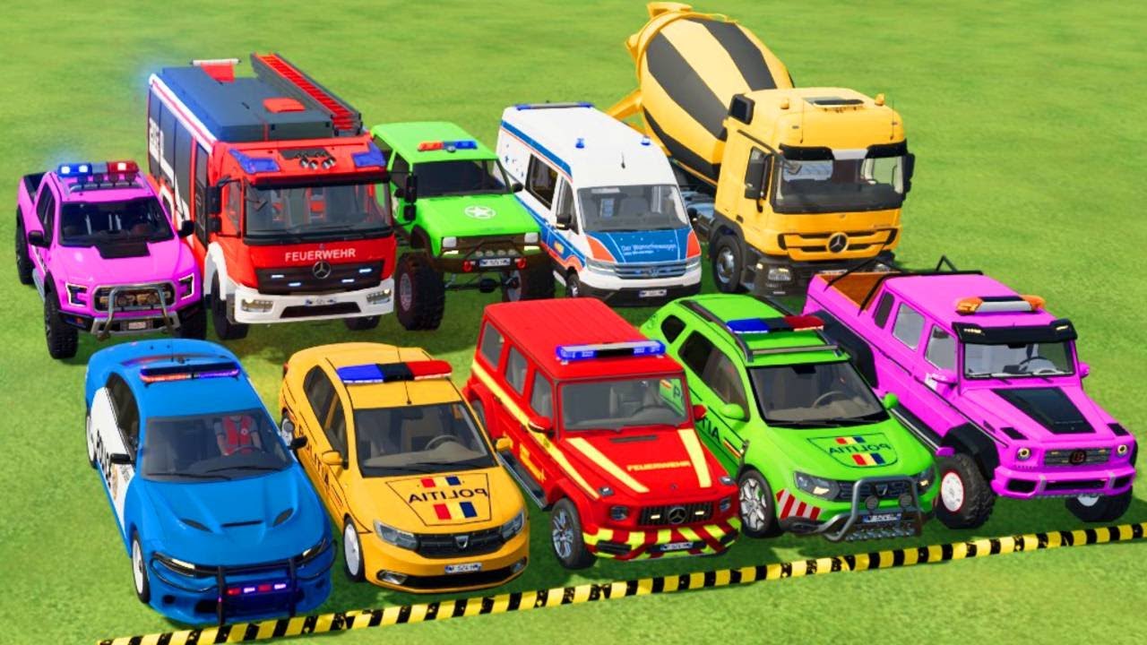 TRANSPORTING POLICE CARS, AMBULANCE, FIRE TRUCK, COLORFUL CARS WITH TRUCK -FARMING SIMULATOR 22!
