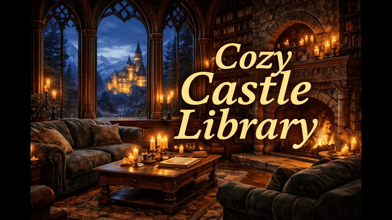 Cozy Medieval Castle Library 🔥 Fireplace & Night Ambience for Study, Focus & Sleep