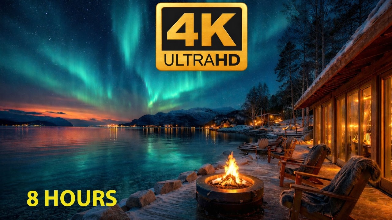 Northern Lights Fireplace Ambience 4K 🔥 Aurora Borealis Lake Cabin Night | Relaxing Fire Sounds