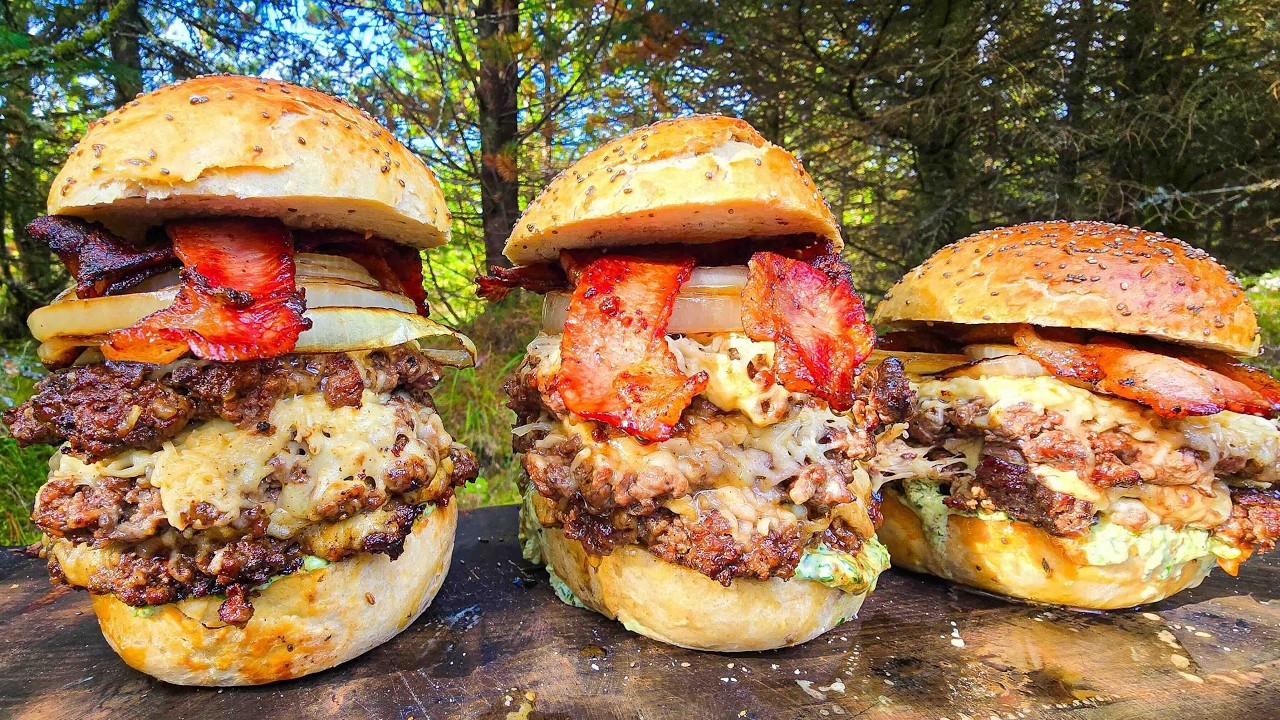 Cowboy BEEF Burgers with Cheese & Bacon | Wild Campfire Cooking ASMR