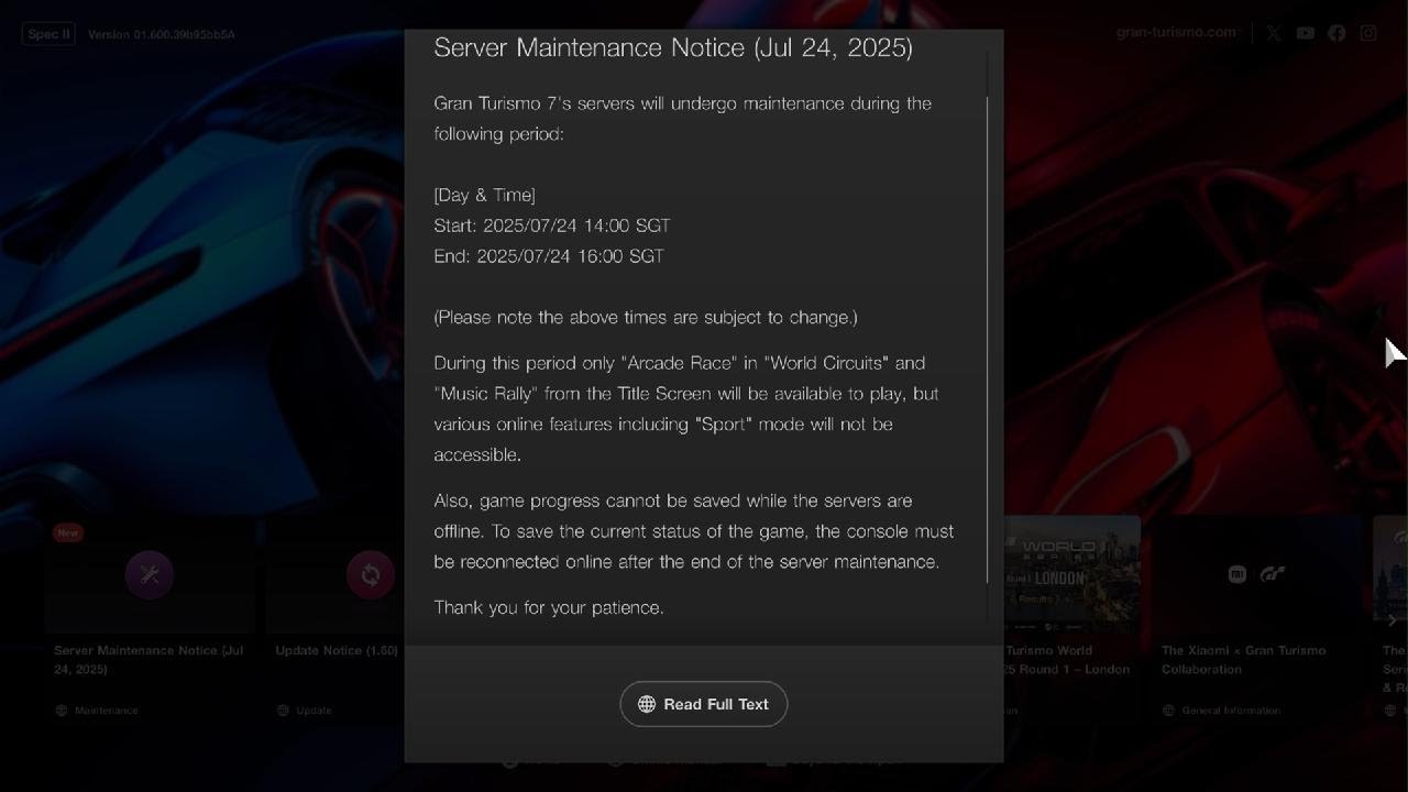 Gran Turismo 7 : Server Maintenance of GT7 on July 24 2025
