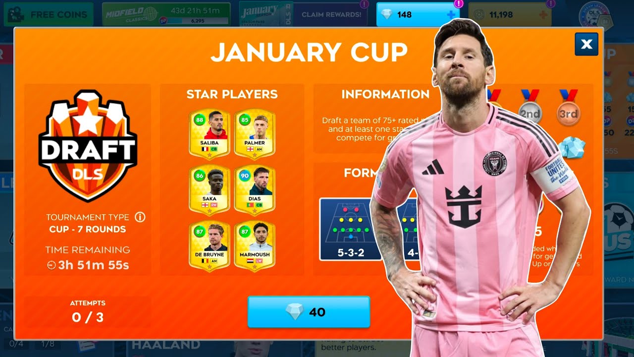 DLS 26 THE GREAT DREAM DRAFT WIN WIT MESSI JANUARY CUP . F T G HD BRO . 
