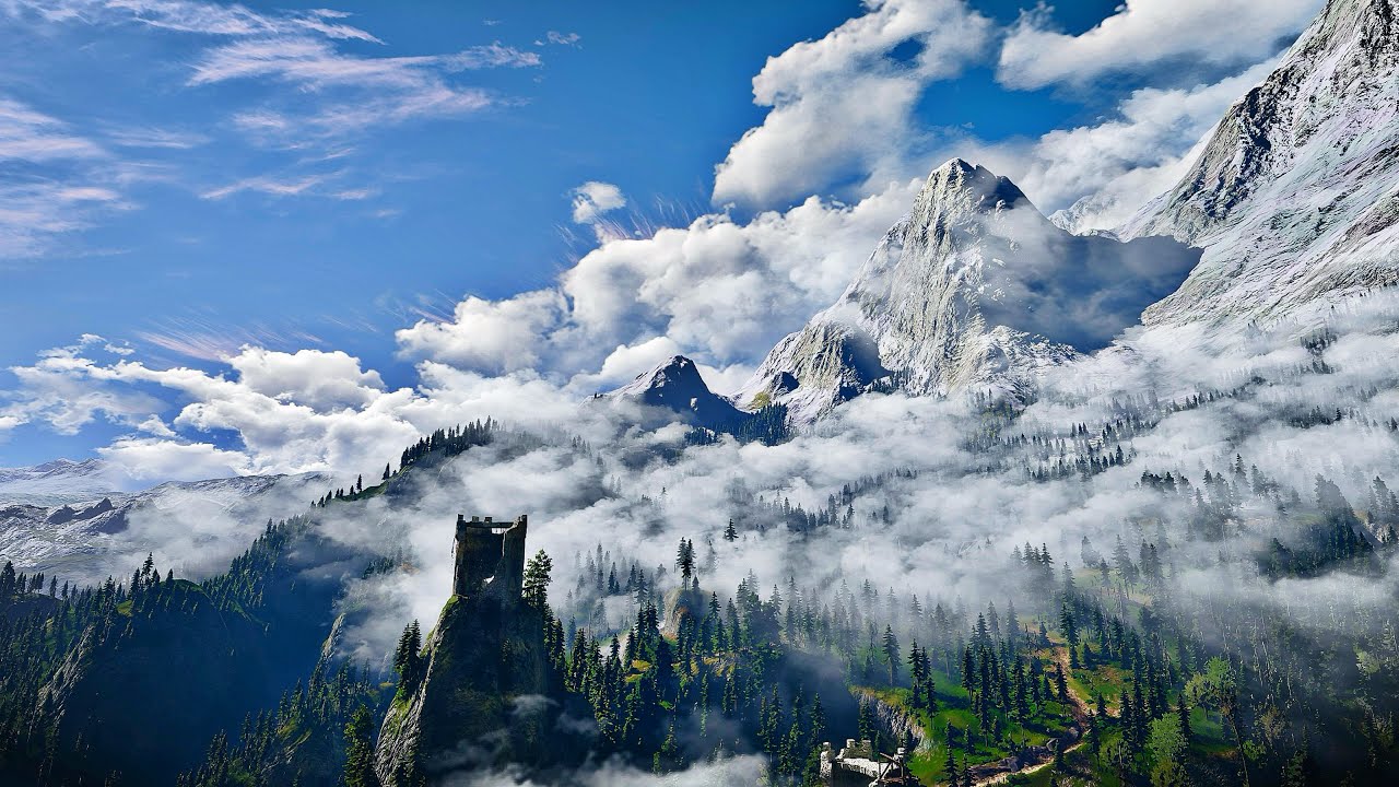 Relaxing View from a Castle Balcony: High Mountains and Moving Clouds