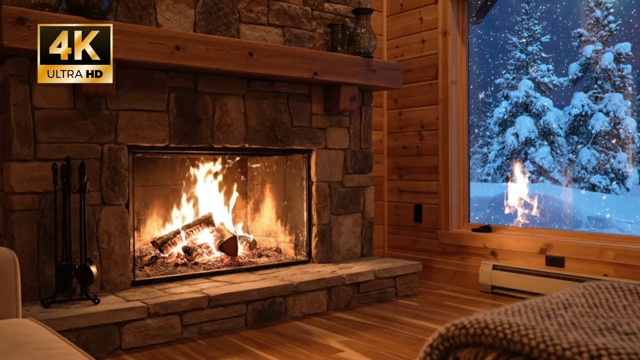 Cozy Fireplace in a Snowy Cabin ❄️🔥 | Winter Night Ambience, Crackling Fire, No Music (4K)