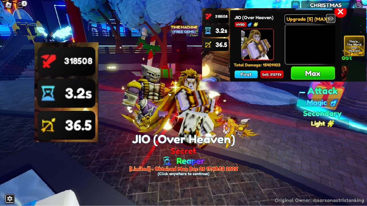✨0.8% REAPER TRAIT NEW SECRET DIO/JIO (OVER HEAVEN) SHOWCASE! LEVEL 100 MAXED! ANIME ADVENTURES!