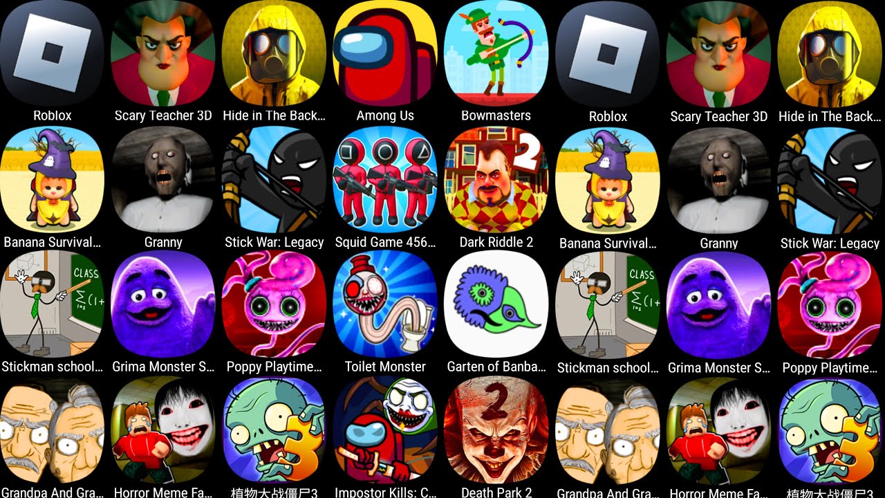 Grimace Monster Scary Survival,Poppy Mobile 3,Death Park,Among Us,Garten Of Banban 6,Stickman School