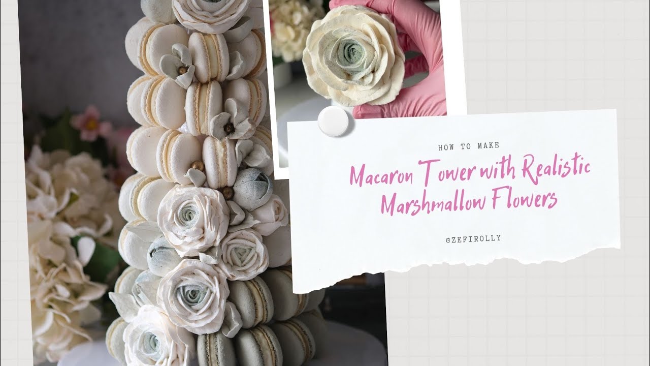 Macaron Tower with Realistic Marshmallow Flowers &ndash; Wedding Dessert Idea!