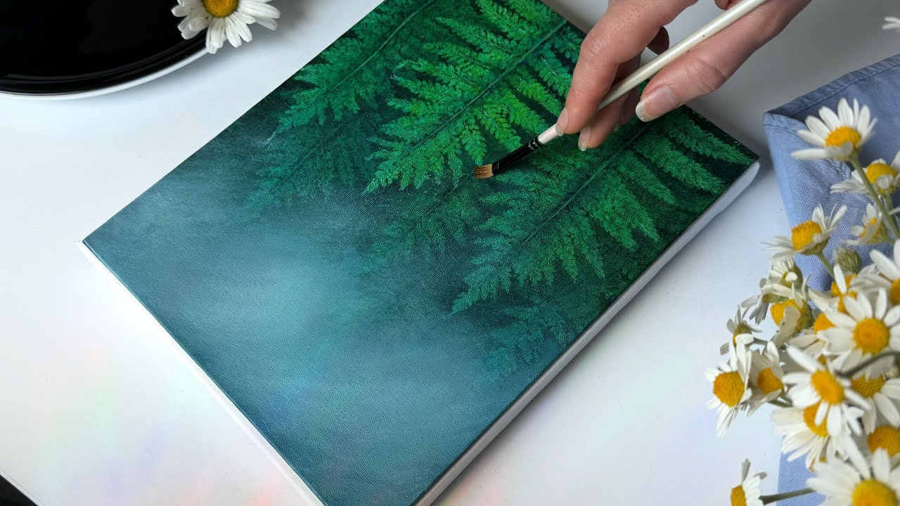 Foggy forest painting process / Leaf impression painting / Canvas acrylic painting ideas