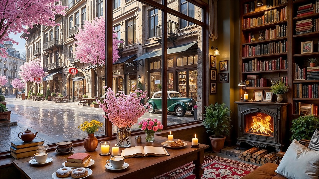 Spring Coffee Shop Jazz ☕ Gentle Piano & Fireplace Sounds for Study, Work & Relax