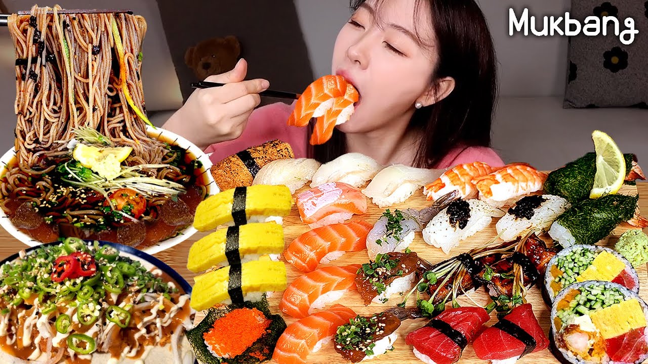 Различные суши🍣 (соль, плоская рыба, стримп, овца, овца, пчело)холодные гречневые лапши ASMR MUKBANG