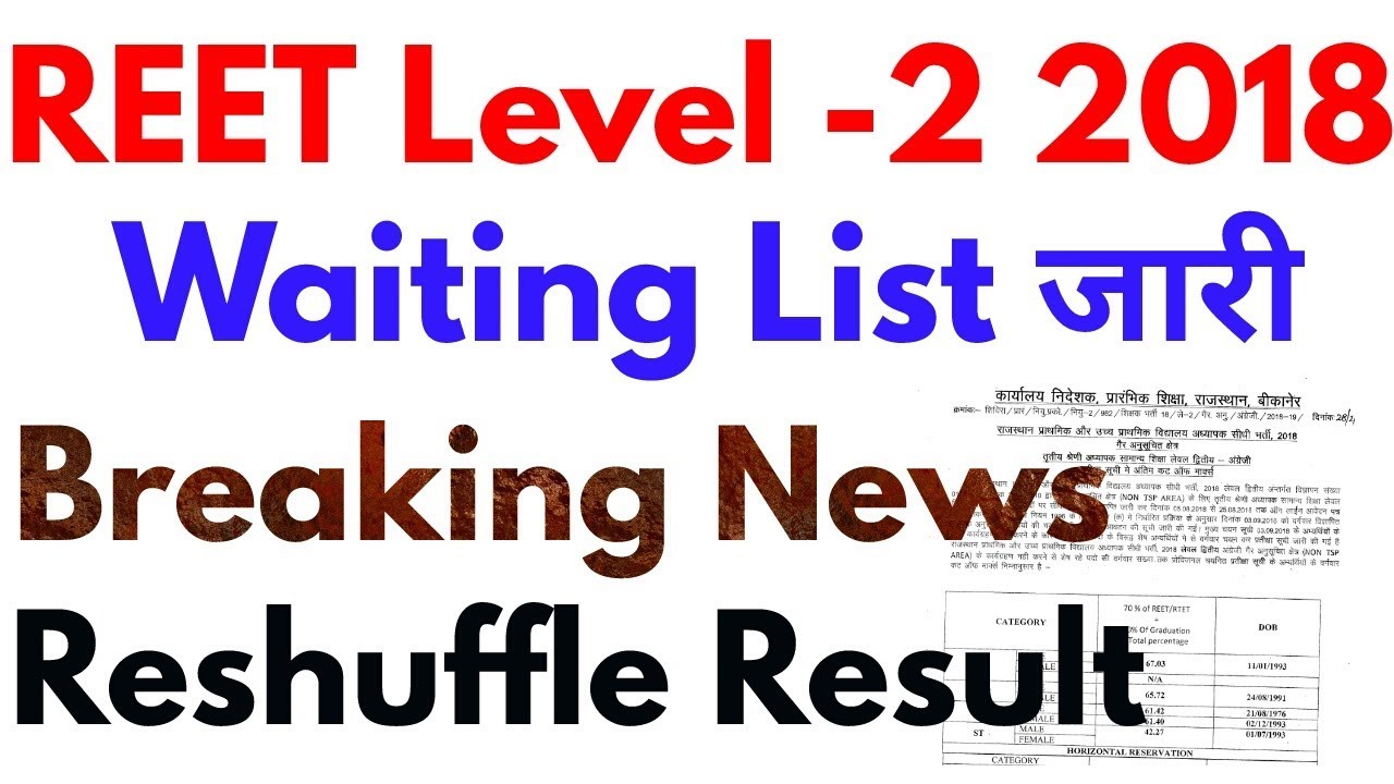 REET Level-2 Waiting List 2018 & Reshuffle Result Released