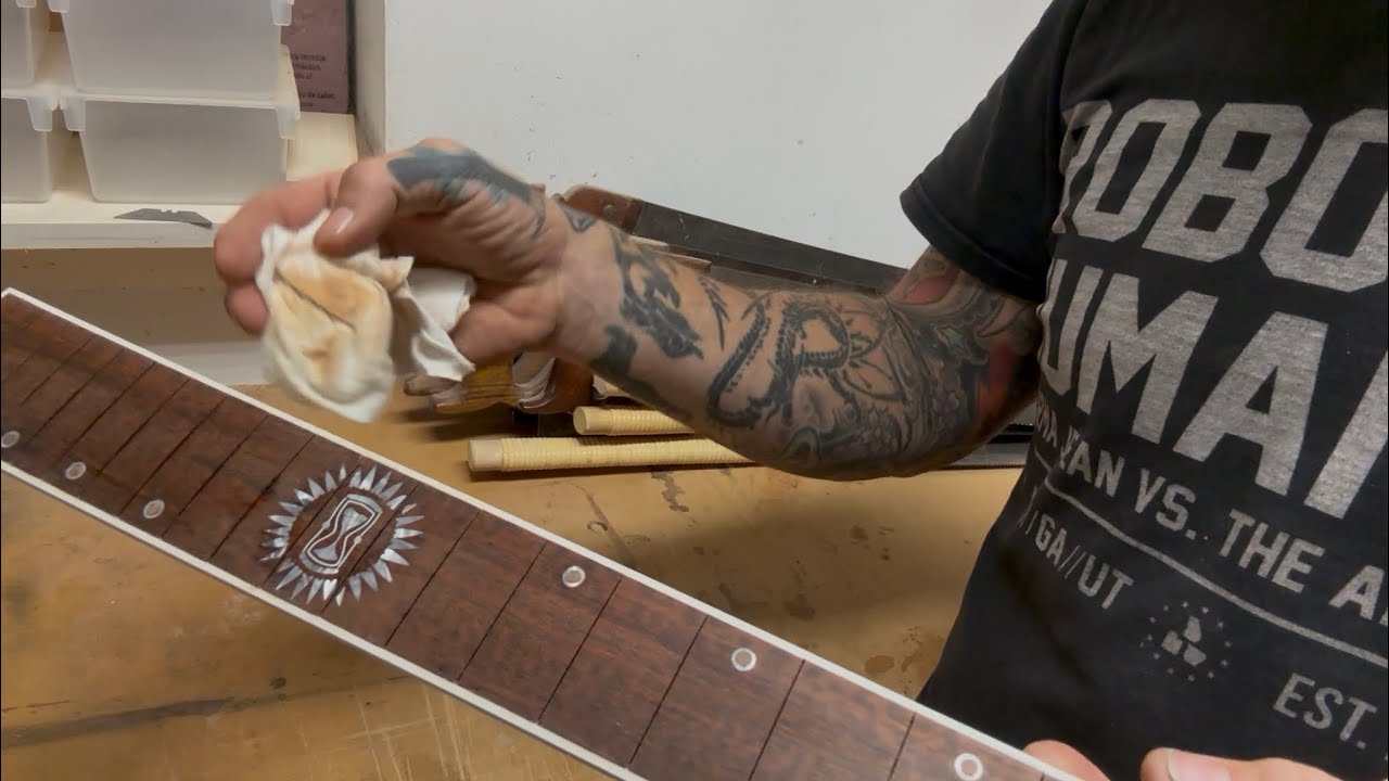 Making a bound Snakewood fretboard with Hourglass Inlay