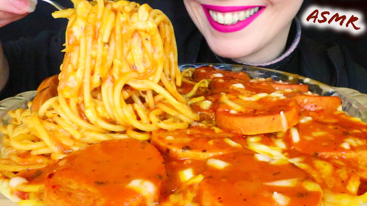 CHEESY SPAGHETTI WITH MORTADELLA IN TOMATO SAUCE 🍝 | No Talking | ASMR Mukbang  - 먹방 | Big Bites
