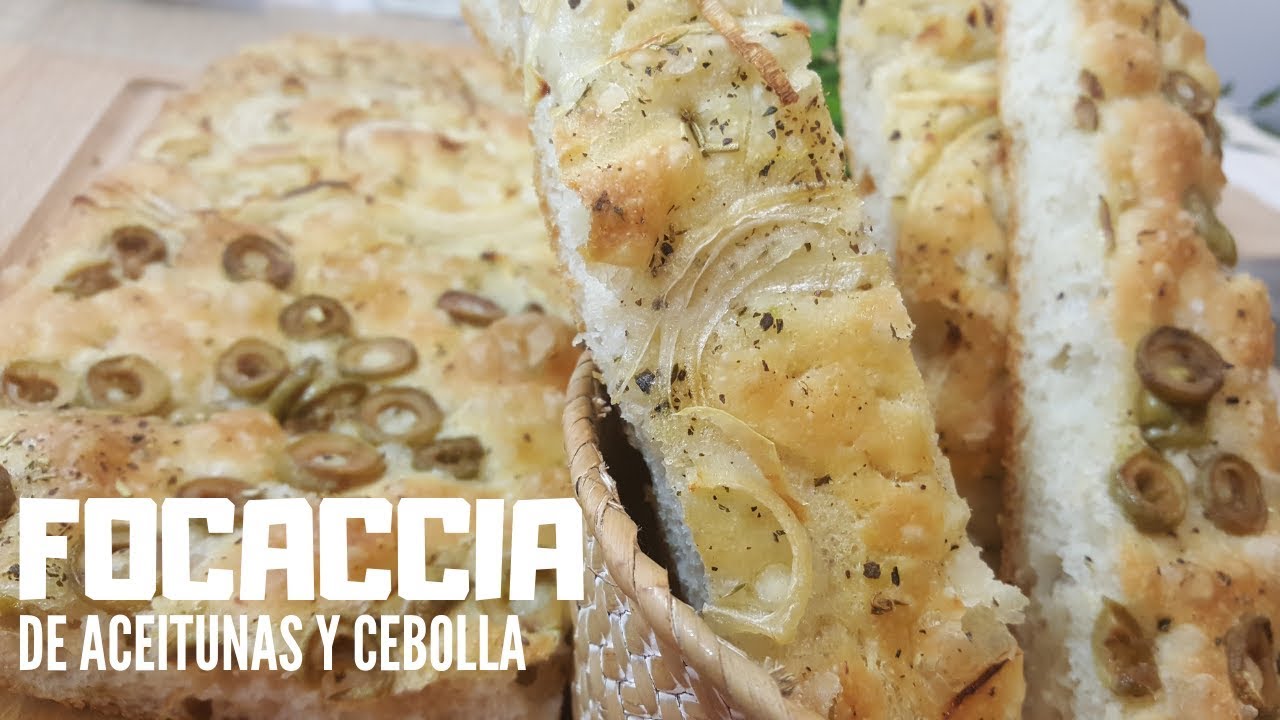 FOCACCIA CON ACEITUNAS Y CEBOLLA - RECETA FÁCIL SIN AMASADO