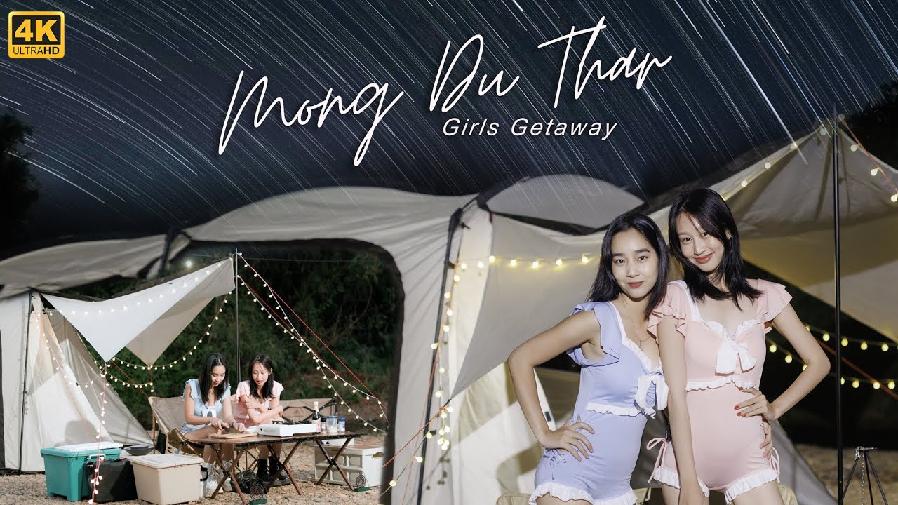 Riverside Camping with Cute girls relax in stream, cook chili shrimp & Starry Night part1/ASMR EP17