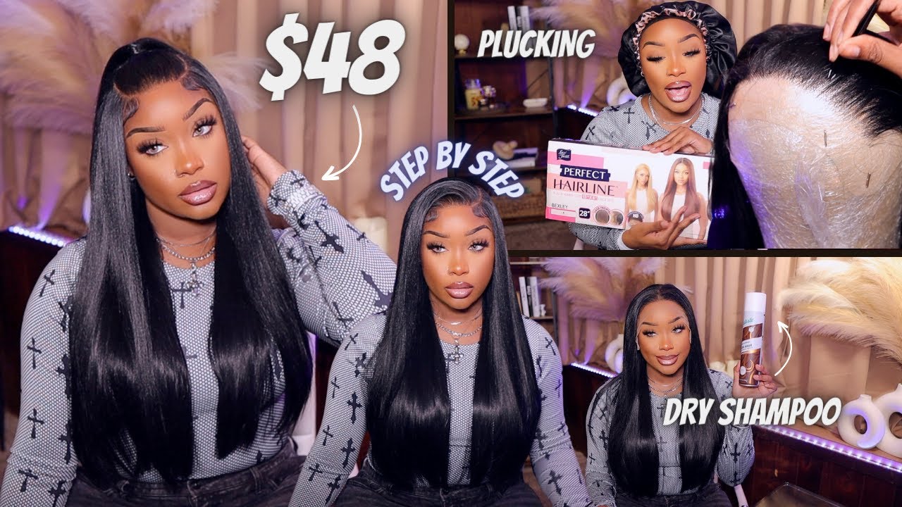 $48 WIG INSTALL 🤯| PLUCKING +  USING DRY SHAMPOO TO DULL SHINE 🤔 + HALF UP/DOWN STYLE | OUTRE BEXLEY