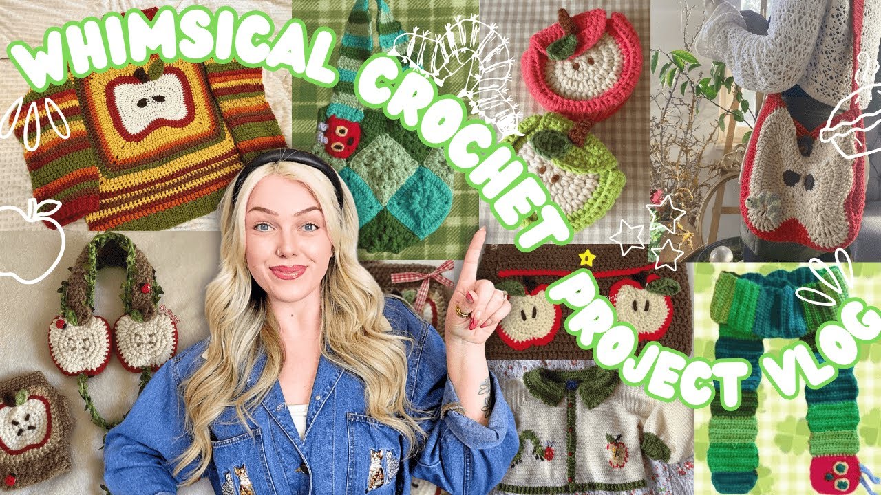 Crochet with me VLOG - A week of making whimsy silly crochet projects! 🍎🐛🌀🪡 *cozy vibes*