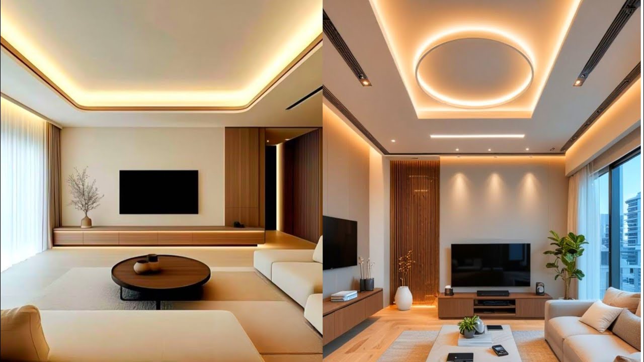 Living Room False Ceiling Interior |POP Ceiling Profile Lighting Ambient Lights Gypsum Board Ceiling
