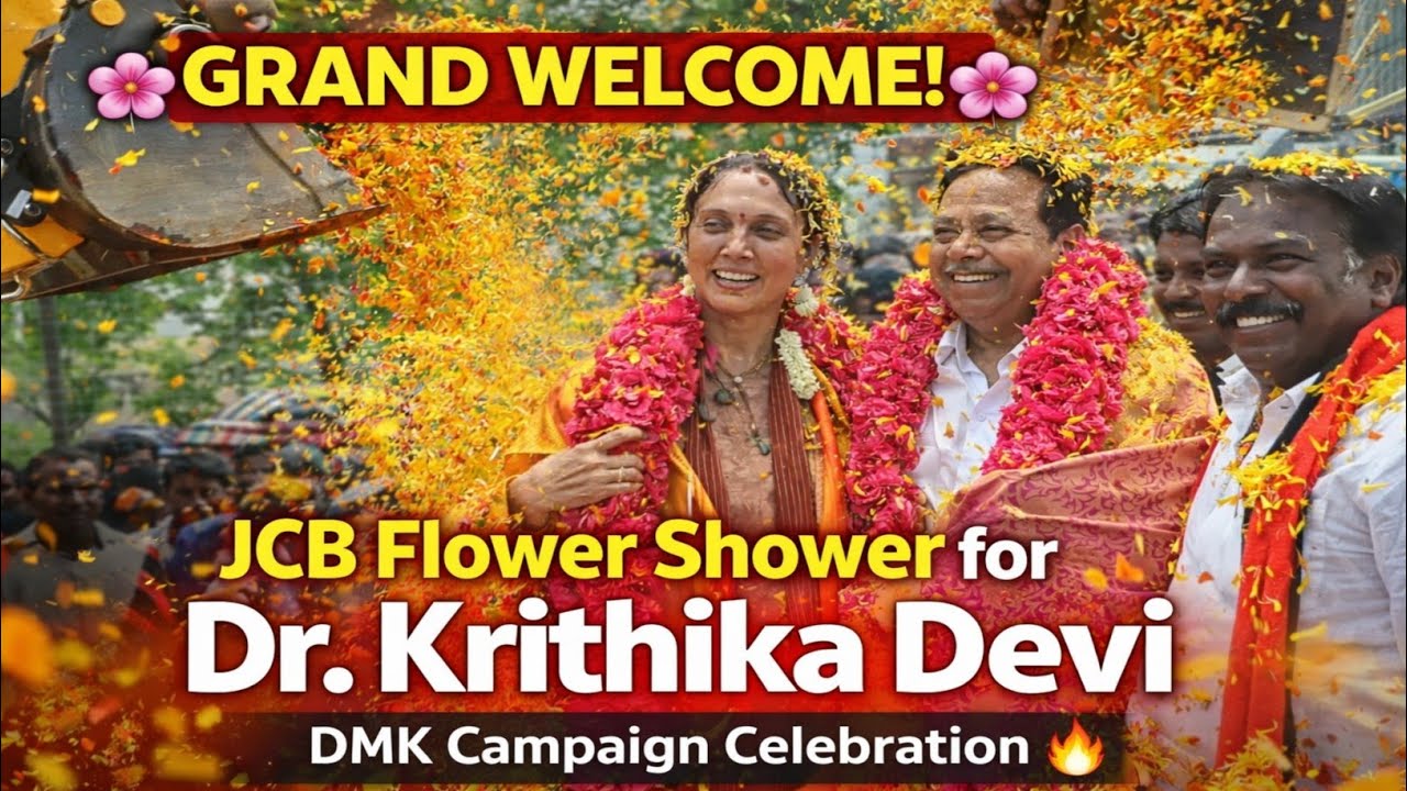 A Grand JCB Flower Shower Welcome for DMK Candidate Dr. Krithika Devi