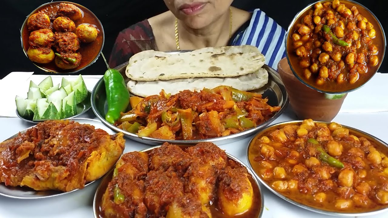 Food Tawa Roti Eating With Spicy Egg curry and Spicy vegetables Mukbang