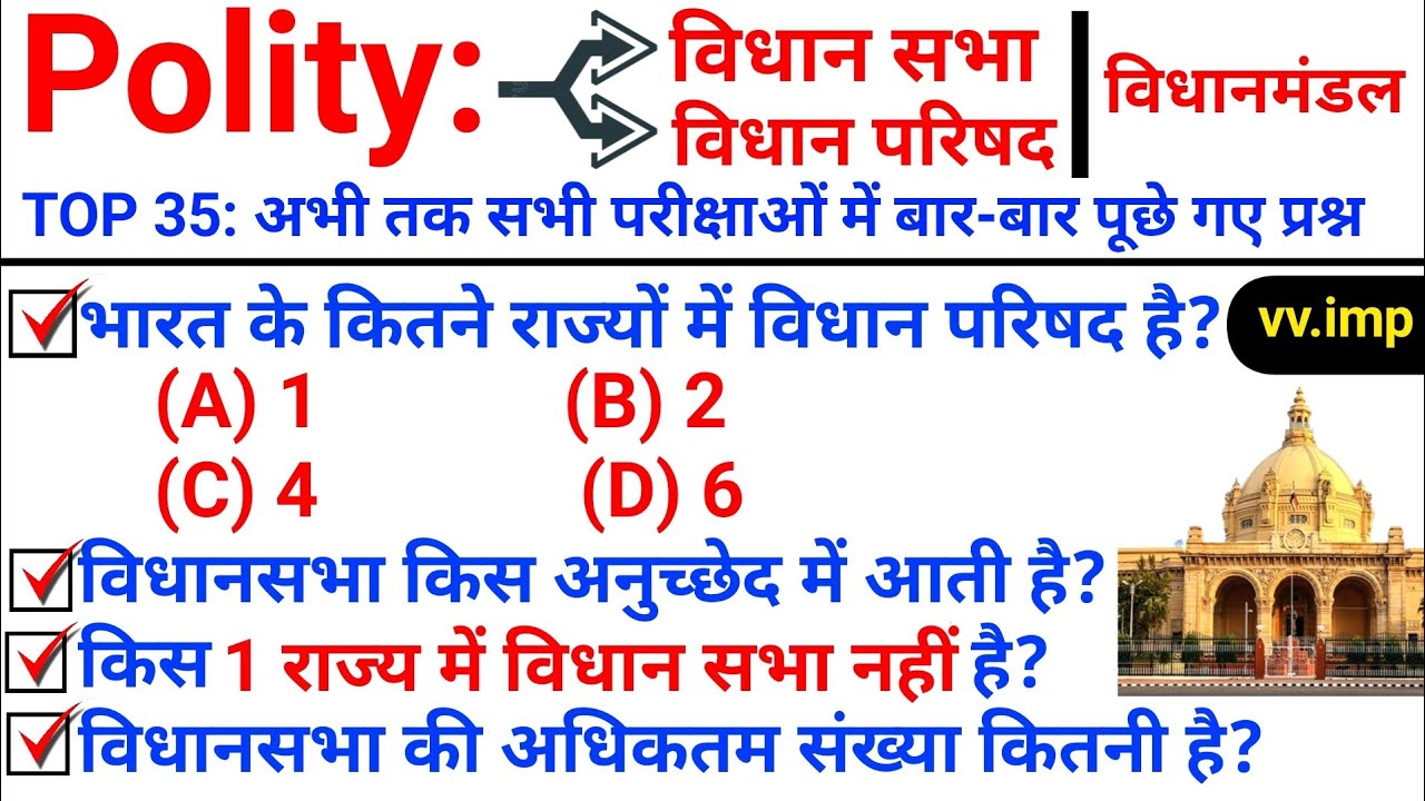 TOP 35: Polity ( विधानसभा और विधान परिषद) बार-बार पूछे जाने वाले प्रश्न || Topic Wise Polity