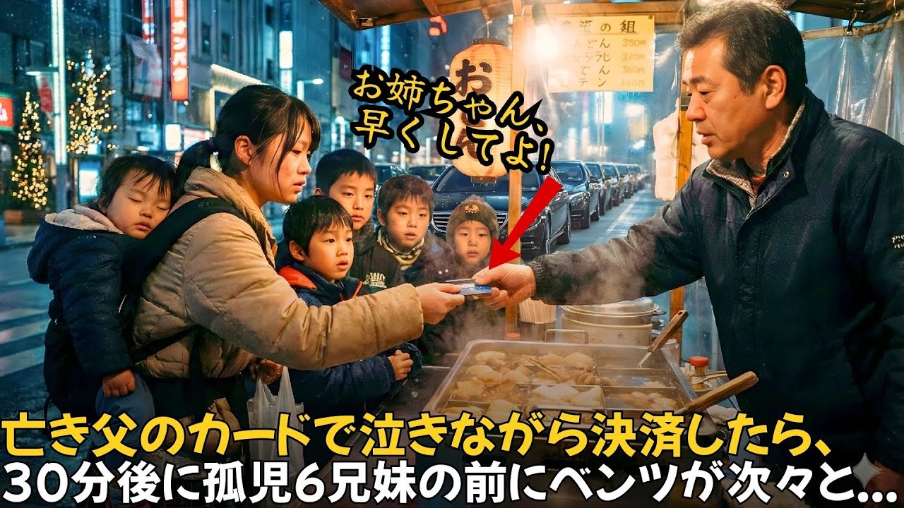 亡き父のカードで泣きながら決済したら、30分後に孤児6兄妹の前にベンツが次々とやってきた
