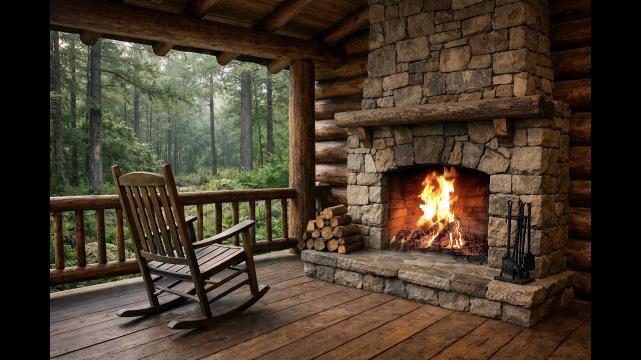 Sit by the fireplace on this relaxing porch overlooking the forest