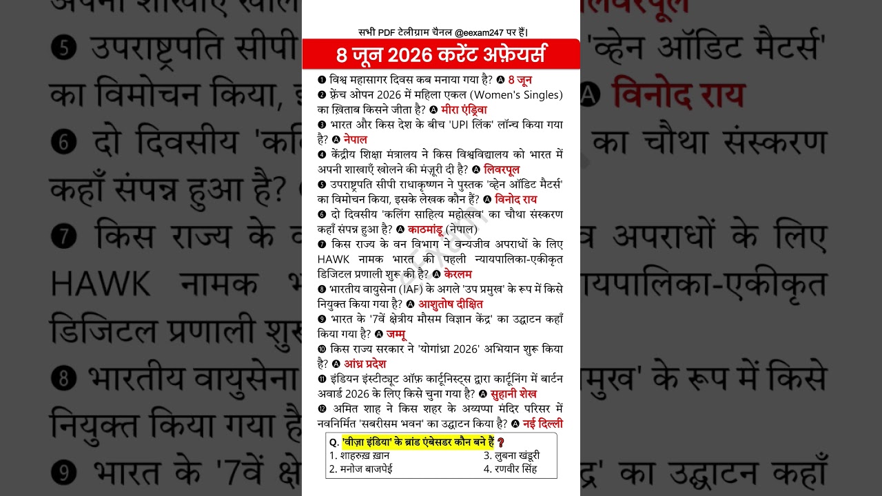 8 June 2026 Current Affairs | Current Affairs Today | Current GK SSC Railway UPSC BPSC POLICE