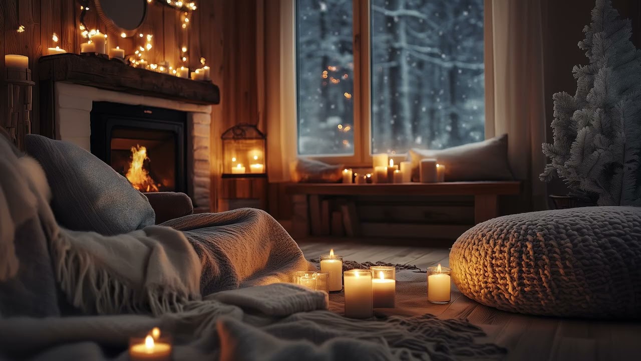 Warm Fireplace Room  Relaxing Piano & Holiday Ambience with Snow Falling for Sleep & Relaxation