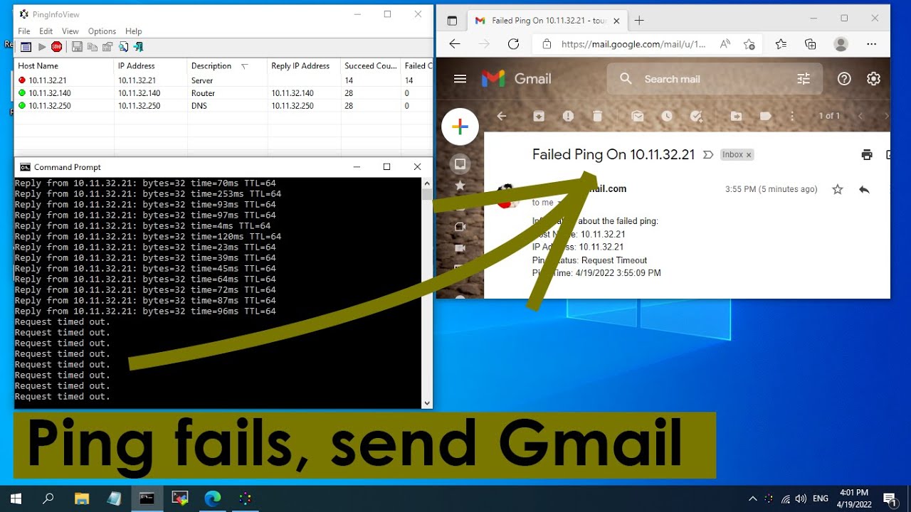 Как отправить сообщение электронной почты, когда Ping не работает