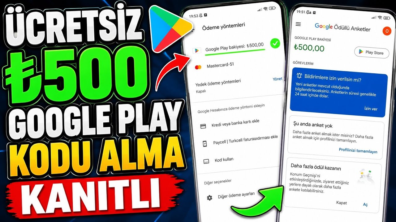 &Uuml;CRETSİZ ₺500 GOOGLE PLAY KODU KANITLI - bedava Google play kodu