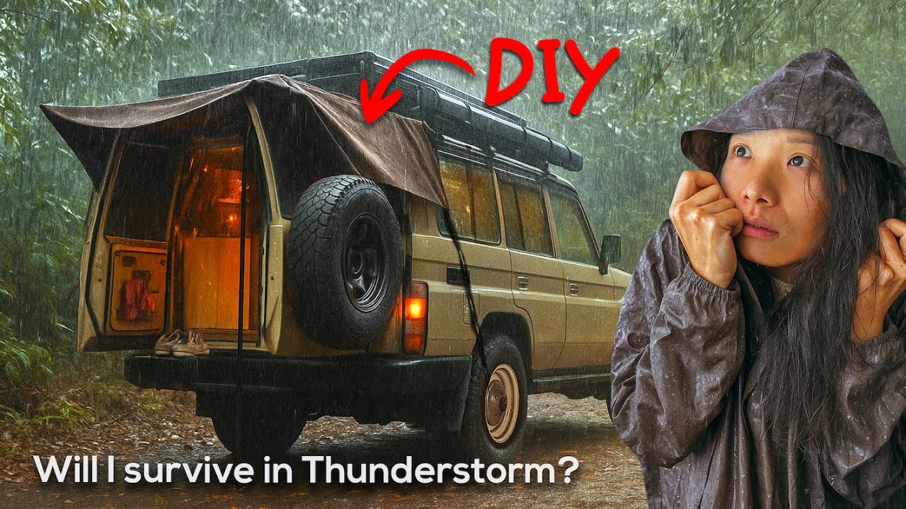 I built my Awning for Rain Camping on Land Cruiser. Can it survive thunderstorm? ASMR cozy mini café