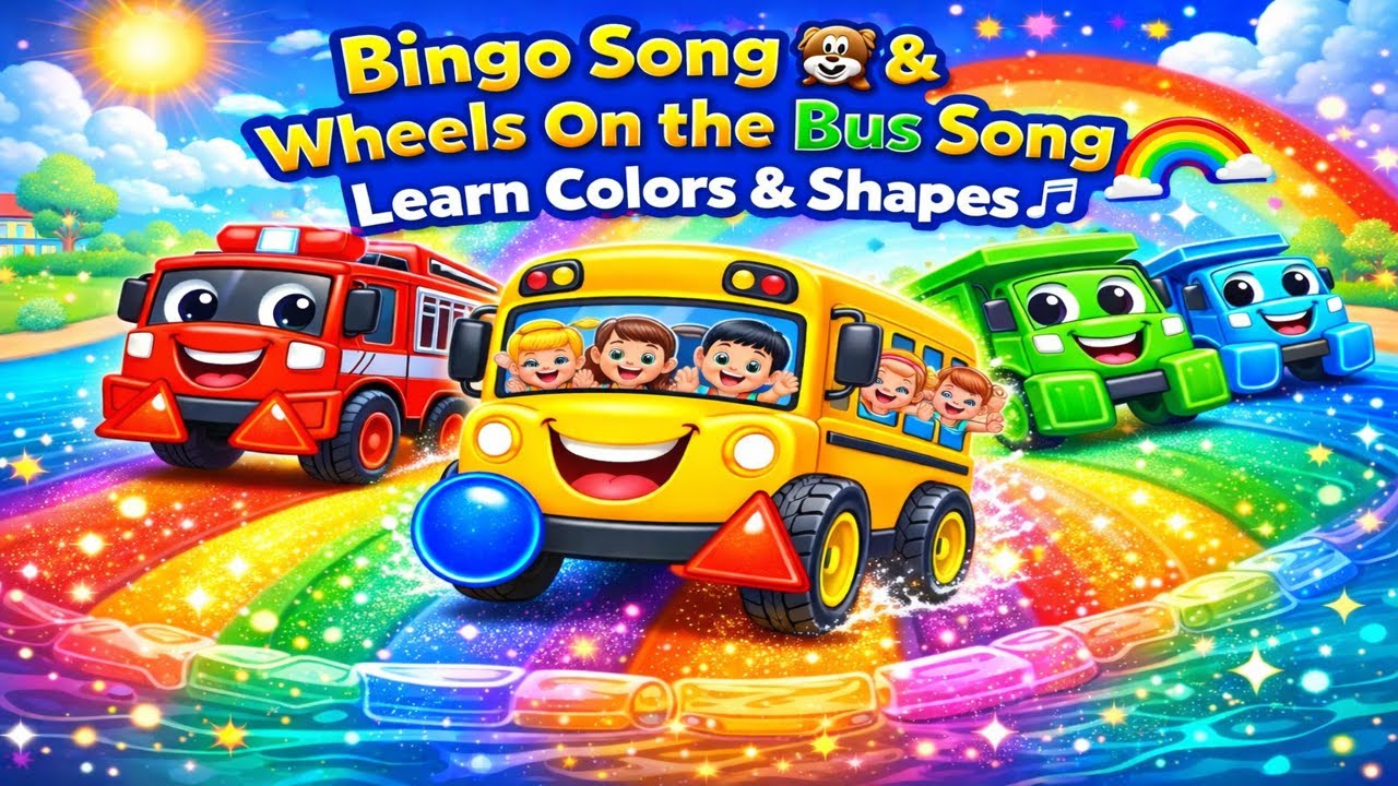 Bingo Song 🐶 & Wheels On the Bus 🚌 | Learn Colors & Shapes 🌈 | Baby Nursery Rhymes