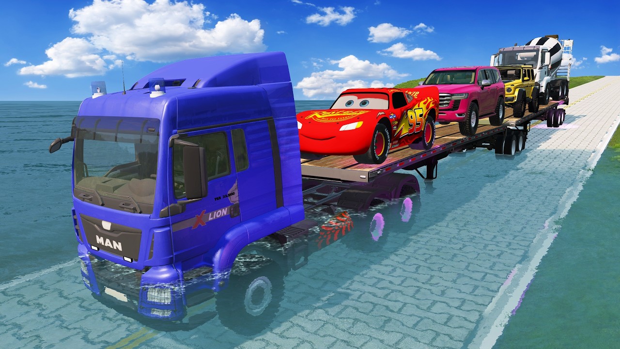 Flatbed Truck vs Giant Pothole Carrying McQueen BeamNG Drive 01