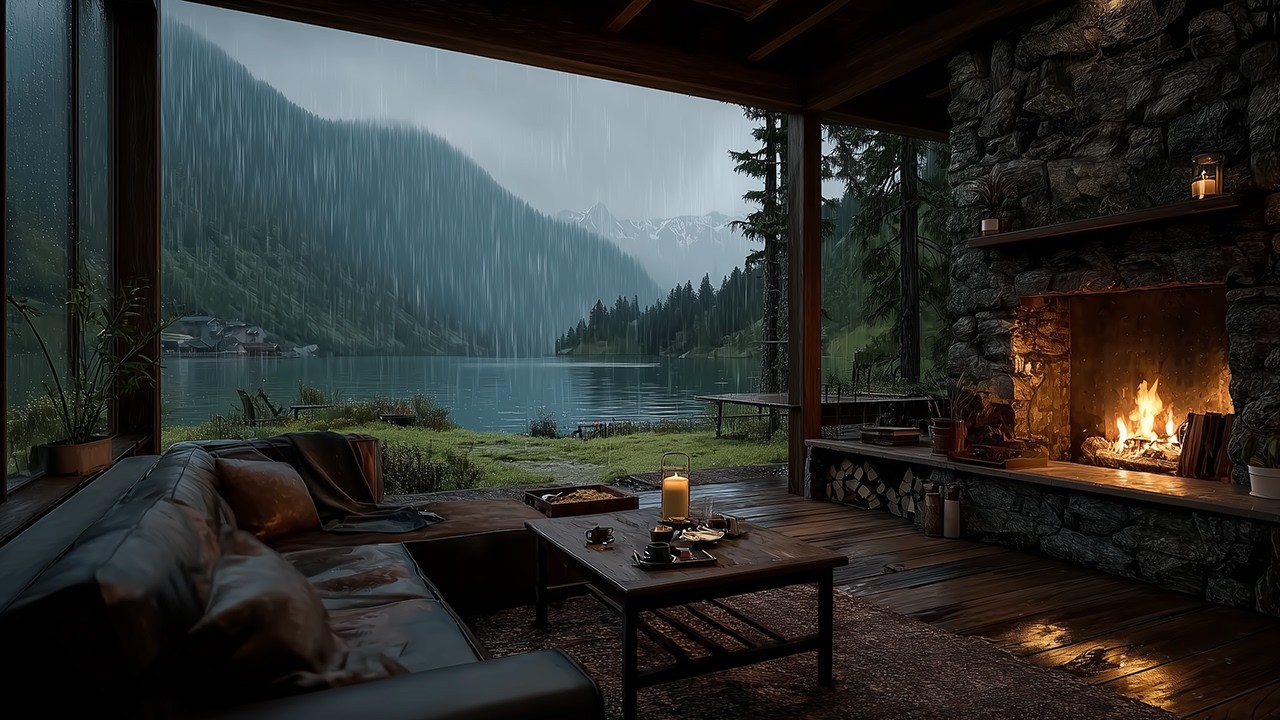 Rain on the Lake Balcony with Soft Piano & Warm Fireplace 🌧🔥 Deep Sleep Music